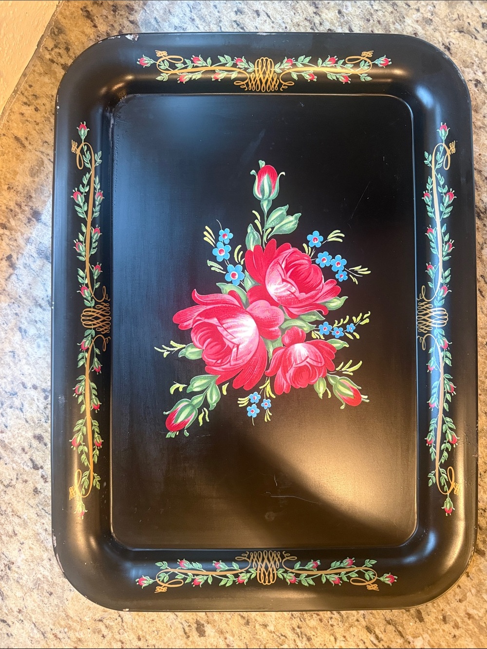 Vintage 1950 Floral Toleware Serving Rectangular Dark Gray Serving Tray